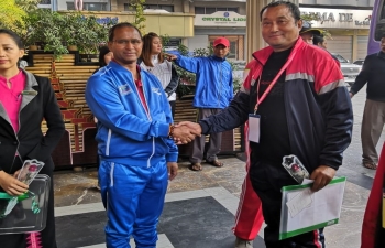 Mr. Nandan Singh Bhaisora, Consul General and U Myo Myint Aung, Director, Sports & Physical Education  Welcoming Manipur Women Football Team at Sagaing Bridge for Friendly Women Football Matches 