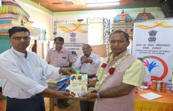 As part of outreach programme with the PIOs, for Culture connectivity, Mr. Nandan Singh Bhaisora, Consul General meeting with the Indian Community at Sree Pathira Kaliamman Temple, Pyimana , Government of India Scholarship Awareness Programme, distribution of books on Indian Culture, Yoga, Hindi/Tamil language, Mahatma Gandhi in commemoration of 150th Birth Anniversary