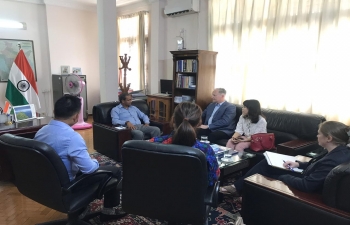 Consul General meeting the Trade Delegation from US Embassy in Yangon who visited the Consulate for a meeting, seeking cooperation for promotion of trade among Indian, American  and Myanmar companies. They have recently opened American Trade Centre in Mandalay.