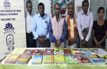 Distribution of CBSE Class 1 to 10 Hindi and Sanskrit Course Books to the Indian Association, Shri Ram Janaki Temple, Shwebo, with the request to make best use of the books so that younger generation remains connected with great Indian/Hindu culture, learn at least one language-be it Hindi, Punjabi, Tamil, Bengali, Nepali etc. besides English.