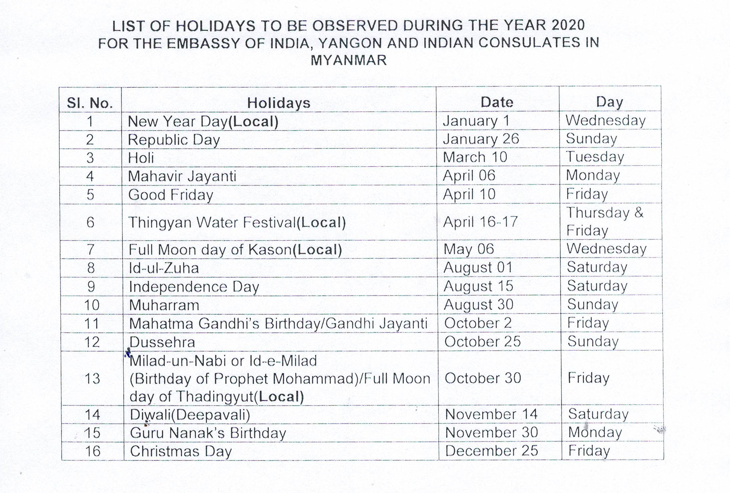 Consulate General of India, Mandalay, Myanmar Holidays at the Consulate
