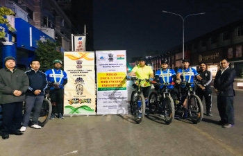A four member team from National Institute of Mountaineering and Allied Sports (NIMAS) led by Col Sarafraj Singh of MTB Cycling Expedition under the theme "Cycle for Green Earth," which covers four South-East Asian Nations and 4000 kms, was warmly received and welcomed by Consul General and other officials at the Consulate. The team was flagged off by Consul of India, Mandalay on 22nd December, 2019.